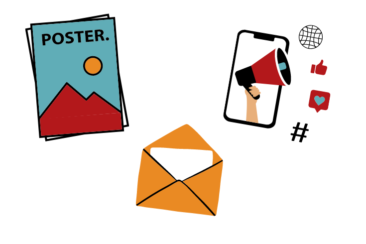 A digital illustration with a transparent background featuring various communication and marketing elements. On the left, a stack of posters with an image of mountains and a sun. In the center, an open orange envelope with a white letter inside. On the right, a smartphone displaying a hand holding a megaphone, surrounded by social media icons including a globe, a thumbs-up, a heart in a speech bubble, and a hashtag symbol.