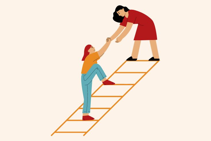 image of girl being helped up ladder